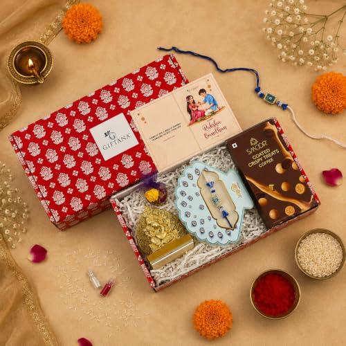 Image of Giftana Raksha Bandhan Gift Set for Brother with Evil Eye Rakhi,Ganesh Ji Idol, Rakhi Greeting Card Gift Set, Raksha Bandhan Combo for Bhai & Bhaiya