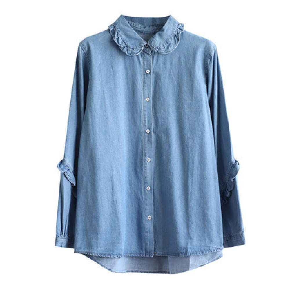 MIDJ Damenhemden,Vintage Jeansblusen Für Damen Hemdärmel Lässige Hemdjacke Mit Knöpfen Hellblau Lotusblatt Kragentasche Tunika Leichtes Jeans-Sweatshirt Für Mädchen