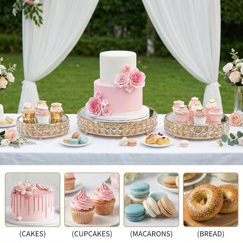 Image of Goaste 3 Pack Crystal Cake Display Stand with Mirror, 14 inch 12 inch 10 inch Metal Pedestal Gold Round Cake Plate Stand, Dessert Cookies Fruit Serving Tray with Shining Crystal Beads for Wedding, Birthday Party