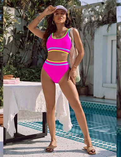 Image of BMJL Women's High Waisted Bikini Sets Sporty Two Piece Swimsuits Color Block Tummy Control Modest Bathing Suit