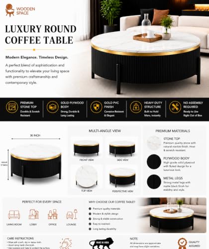 Image of WOODEN SPACE Premium Luxury Nazaara Marble-Top Coffee Table with Iron Legs & PVD Coating | Modern Round Wooden Center Table for Living Room & Entryway (Black, 30 Inch)