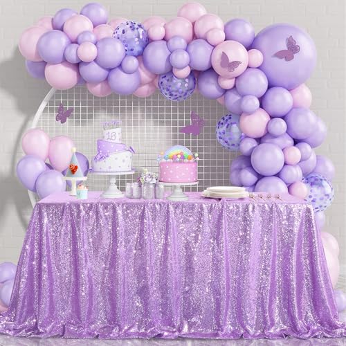 Image of B-COOL Sequin Tablecloth Rectangle Tablecloths Lavender Shiny Table Skirt Sweet Birthday Cake Events Table Linens-90x156inches