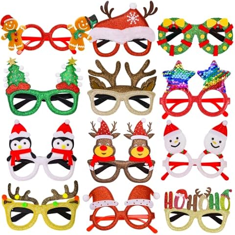 Thuodo 12Pcs Christmas Glasses Glitter Party Glasses Frames Costume Eyeglasses for Christmas Party Holiday Favors Photo Booth Novelty Toys Glasses Cosplay (One Size Fits All) Cover