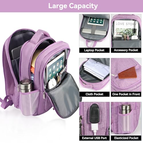 Voova 15.6 Inch Travel Laptop Backpack with USB Port, Purple - image 3