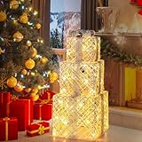 Goplus 3 Set Christmas Lighted Gift Boxes, 90 LED Light-up Present Boxes w/Bows, Ground Stakes & Zip Ties, Pre-Lit Xmas Box Decorations for Christmas Tree, Indoor & Outdoor