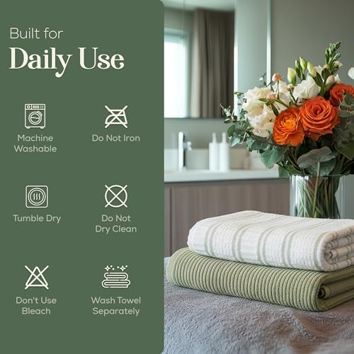 Image of Kitchen Towels, Cotton Hand Towels, Sage Green and Cream Ribbed - Mini Weaved Stitched Set of 4 Absorbent Hand Drying Cloths, 18 x 28 Kitchen Linens
