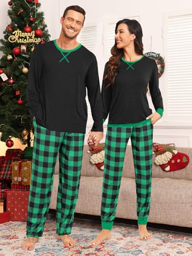 Men & Women Pajama Sets for Couples Long Sleeve Sleepwear Plaid Pants with Pockets Xmas Pjs Black&Green Plaid S2
