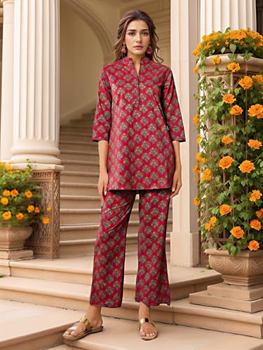 Image of NAINVISH Women's Floral Rayon Blend Co-ord Set | Straight Mandarin Collar Full Sleeve Top & Pant | Elegant Maroon, Blue Style | Ideal for Casual, Lunch, Evening Outings | Ladies Matching Outfit
