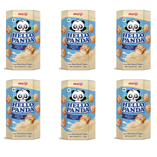 Image of meiji Hello Panda Biscuits with Milk Flavoured Filling (Pack of 6)| Bite Sized Biscuits Filled With Milk Flavoured Cream, 300 Gram