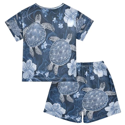 senya Short Sleeve Pajamas Sets Summer Cotton Sleepwear Turtle Blue Flower2