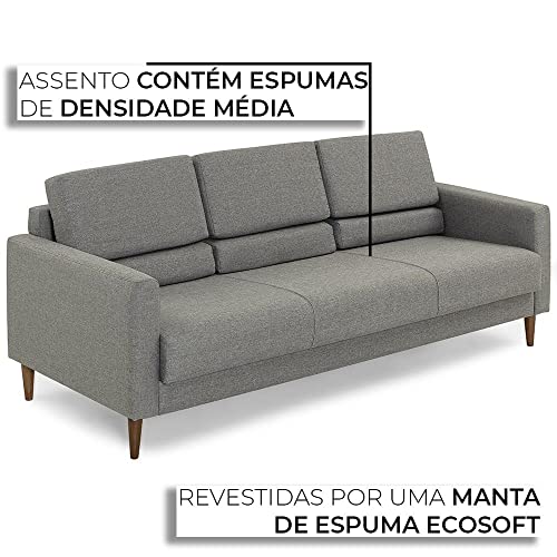 Sofá Grande 3 Lugares Herval Spirit, Desmontável em Linho Grafite, 202 cm