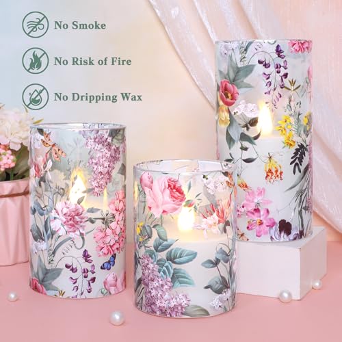 Image of CRYSTAL CLUB Floral Glass Flameless Candles Battery Operated with Remote, Realistic LED Flickering Pillar Candle for Wedding, Home Decor