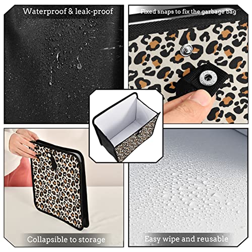 Image of Leopard Car Trash Can, Foldable Hanging Car Trash Bag, Animal Cheetah Print Small Waterproof Car Accessories Garbage Bin