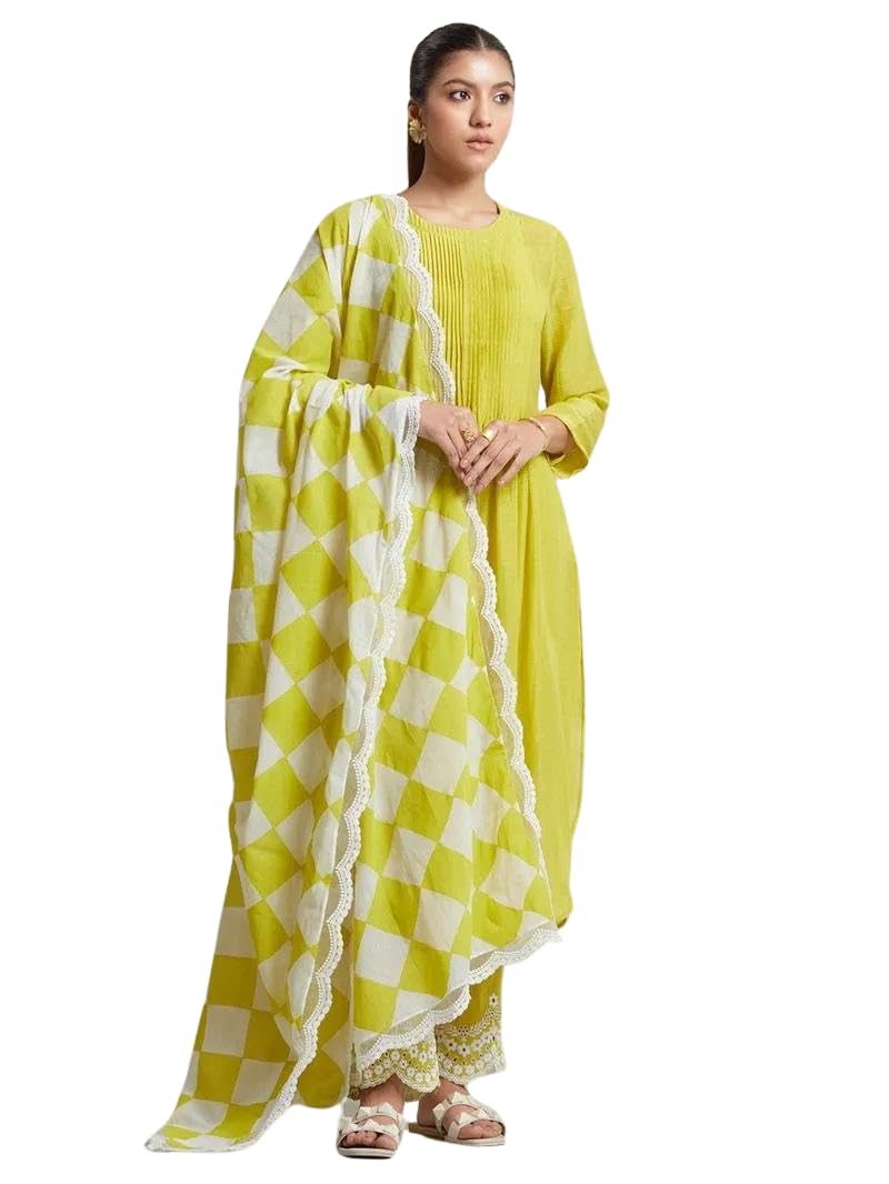 Women's Cotton Printed Line Flared Straight Kurti with Palazzo and Dupatta (Parrot Green)-image-11