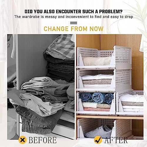 Image of TEKCOOL Plastic Wardrobe Organizer For Storage Organizer For Clothes,Cupboard Organizer,Foldable Shirt Stacker Box,Cloth Box for Almirah,Closet Storage Basket,Pack of 3.,White