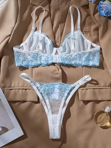 Image of Sexy Floral Embroidered Flower Mesh Underwire Push Up Lingerie Set