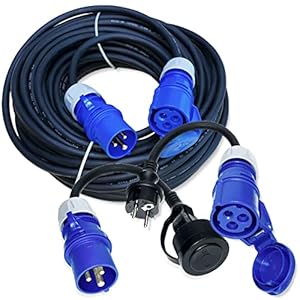 IntuiFlex Lot de câbles de camping – 25 m – Rallonge en caoutchouc – Câble d’alimentation – 2 adaptateurs CEE 230 V – H07RN-F 3G2,5 – IP44 – 3 x 2,5 mm – 230 V 16 A – IP44 – Fiche Schuko vers prise