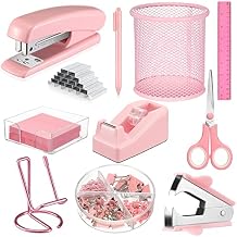 Sabary 12 Pack Pink Desk Accessories Office Supplies Set Include Stapler Staple Scissor Staple Remover Tape Dispenser Ballpoint Pen Sticky Notes Holder Phone Holder Ruler Pen Organizer for Gift