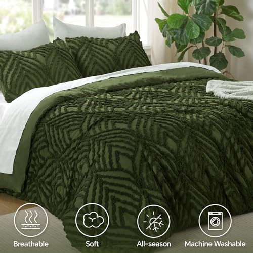 Image of BEDELITE Boho Comforter Set King - Tufted Boho Bedding Set, Green | Soft & Lightweight Comforter for All Seasons, Jacquard Farmhouse Bedding with 2 Pillowcases