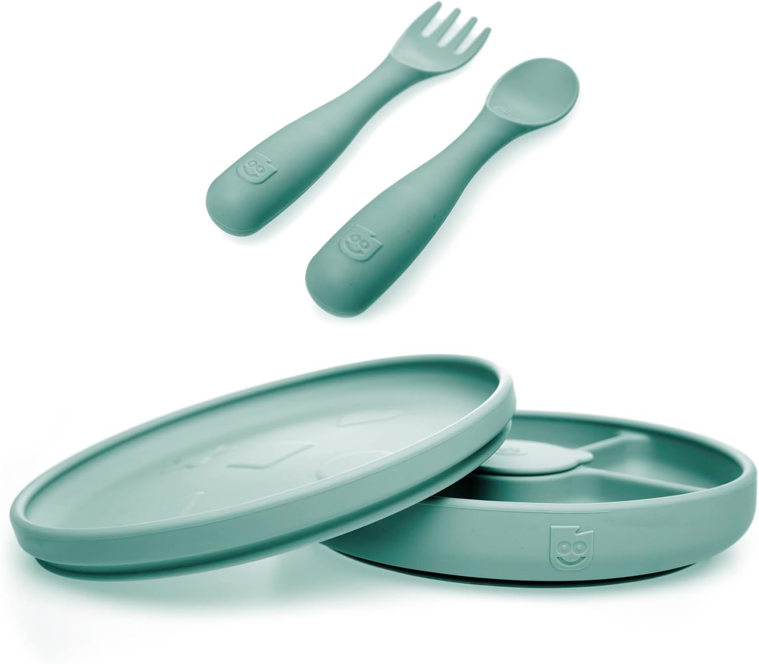 Talktools Bitsy Feeding Kid's Essentials Plate Set – Toddler Utensils, Spoon and Fork, Plate Lid, Perfect for Mealtime – Strong Suction Toddler Plates with 4 Compartments (Sage)