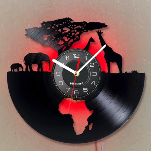 Viiluuxr Disque Vinyle Pendules Murales 30 cm de Diamètre Savane Africaine Motif Horloge Digitale LED Moderne Horloge Cuisine Salon Lumineuse Silencieuse sans Tic-tac...