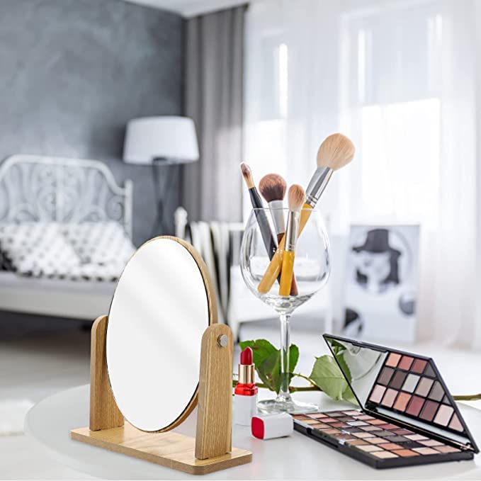 DOOR STEP SHOPPING One-Sided Makeup Mirror Glass Wooden Oval Shape Tabletop Vanity Mirror on Stand with 360" Rotation