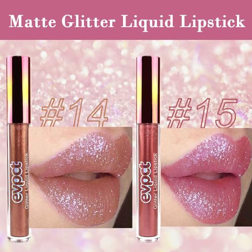 Image of evpct 2Pcs Nude Gold & Plum Red Matte to Glitter Liquid Lipstick Long Lasting Lip Set Kit for Women Diamond Shiny Glitter Sparkly Glossy Metallic Shimmer Sparkle Waterproof Lipstick Lip Gloss 14+15