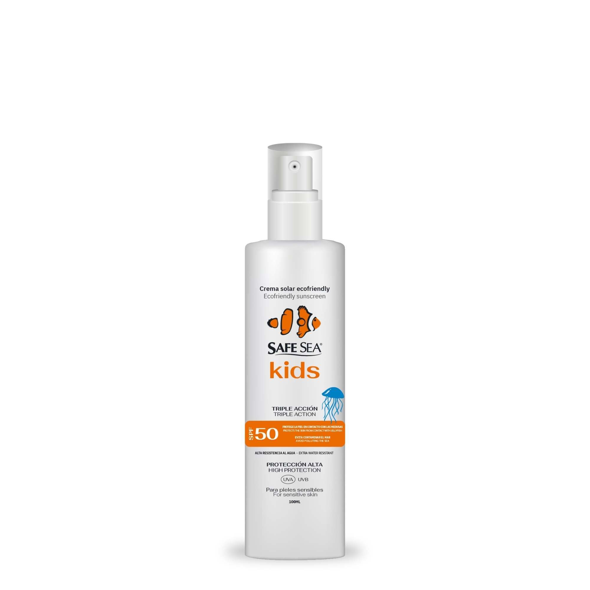 SAFE SEA - Spray Solar Protección Medusas SPF 50 - Fórmula Vegana - Muy Resistente al Agua con Alta Protección Solar para Niños - Adaptado a Pieles Sensibles - Formato 100 ml