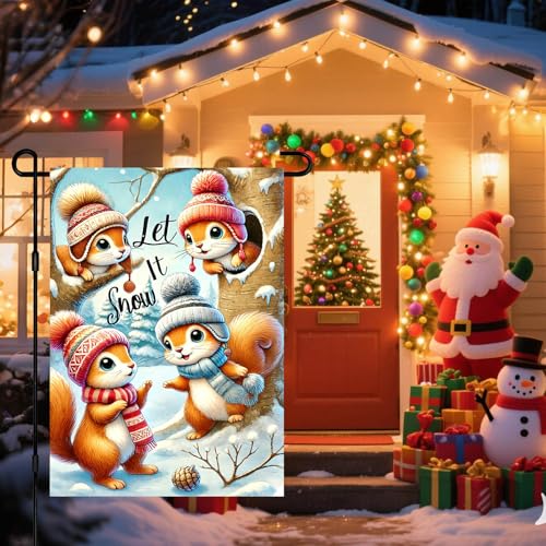 Image of BlissYard Garden Flag Squirrel Forest Winter 12x18 Inch Polyester