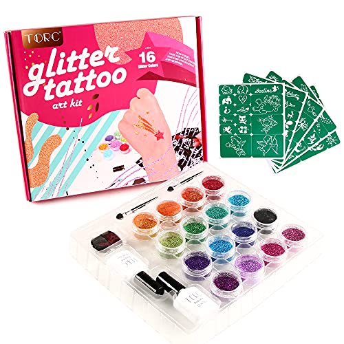 TORC Glitter Tattoo Kit Temporary Tattoos for Kids Girls Gifts Washable Body Face Nail Glitter Art Crafts for Birthday Party-16 Large Glitter Colors,85 Unique Stencils with 2 Glue,3 Brushes