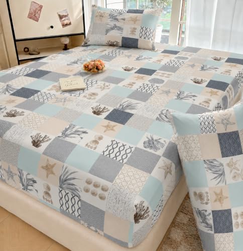 Image of VOMZER King Size (72x78) 300 TC Soft Cotton Feel Microfiber All Around Elastic Fitted Double Bedsheet with 2 Pillow Covers | Ocean Pacth