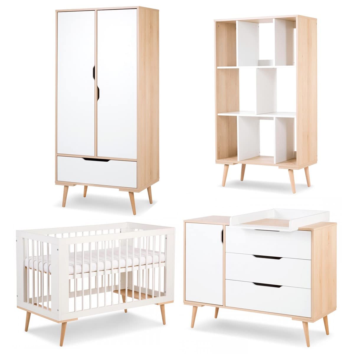 SOFIE Habitación bebé completa Cambiador Armario Biblioteca y Cama 120X60 Blanco