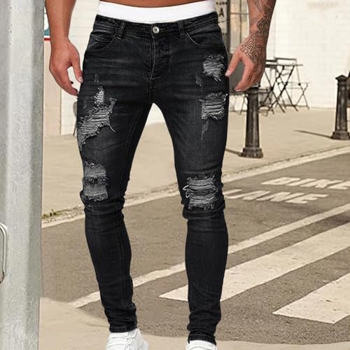 Men's Distressed Ripped Skinny Jeans Slim Fit Stretch Destroyed Denim Pant Casual Classic Hip hop Tapered Leg Jean Y2K3