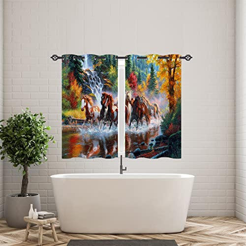 Anhope Horse Kitchen Curtains Grommet Waterproof Window Drapes With Watercolor Animal Horse Herd Running On Forest River Print Pattern Decorative Curtains For Bedroom Bathroom 2 Panels 27.5 X 39 Inch #TOP1