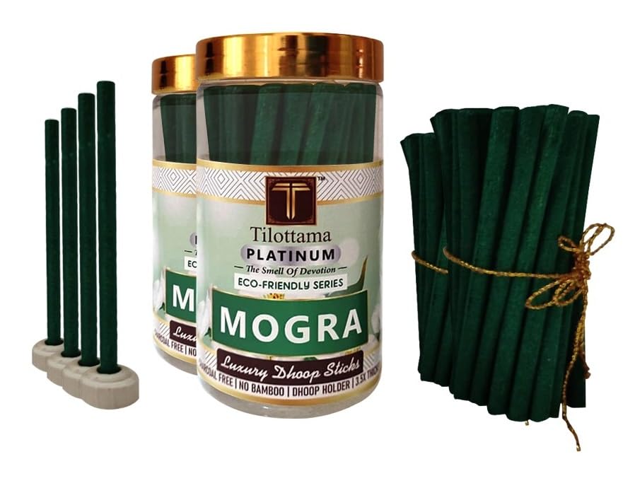 TilottamaPlatinum Long Lasting Mogra Luxury Eco Friendly Dhoop Sticks | 200 GM - 2 Boxes of100 GM Each ; Total 80 Sticks | 0% Charcoal | No Bamboo | for Puja, Home, Meditation, Refreshing Ambience