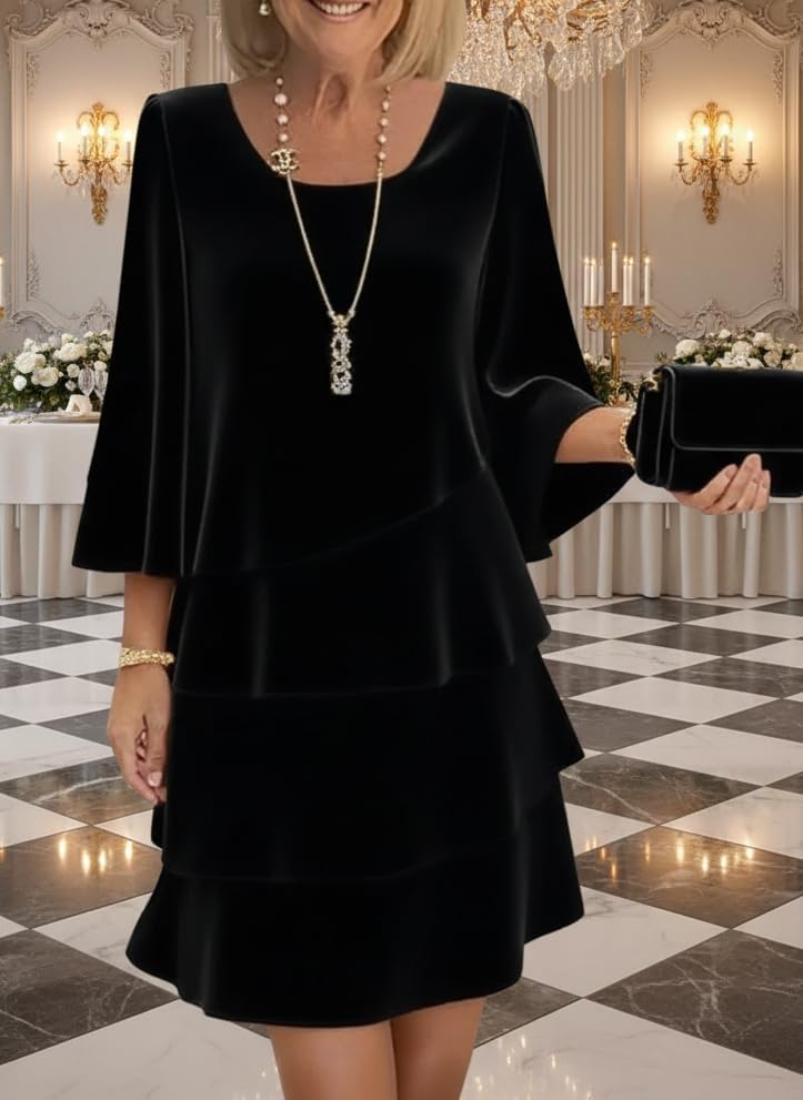 Women's Tiered Ruffle Chiffon Dress 3/4 Sleeve Elegant Flowy Cocktail Dress, Casual Weddings & Parties Outfit - Image 2