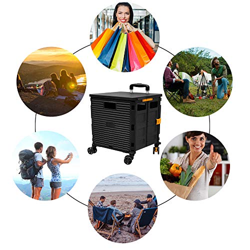 Image of Quick Utility Cart Folding Portable Rolling Crate Handcart with Durable Heavy Duty Plastic Telescoping Handle Collapsible 4 Rotate Wheels for Travel Shopping Moving Luggage Office Use (Black)