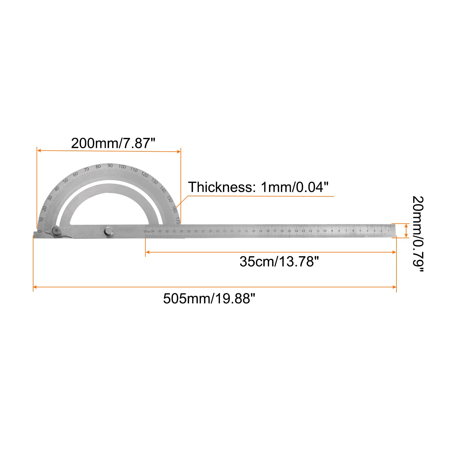 sourcing map Angle Rapporteur 180 Degré Inox Acier Chercheur Jauge Réglable Règle Mesure Outil avec 350mm Bras pour Travail Bois