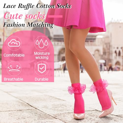 Image of Geyoga 3 Pairs Women Big Ruffle Socks Turn Cuff, Double Lace Ankle Cotton Frilly Socks for Ladies Summer