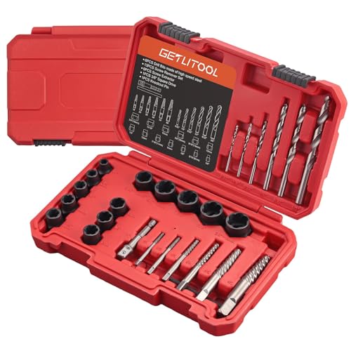 GETLITOOL Juego de 27 piezas de extractor de pernos y tuercas de impacto, juego de extractores de pernos Cr-MO con estuche de almacenamiento, incluye extractores, taladros giratorios, extractores de