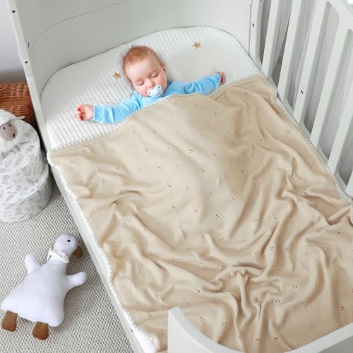 Image of Baby Blanket Knit Ultra Soft Swaddle Receiving Blankets for Boys & Girls Cotton Knitted Newborn Infant Toddler Nursery Crib 30 x 40 Inch