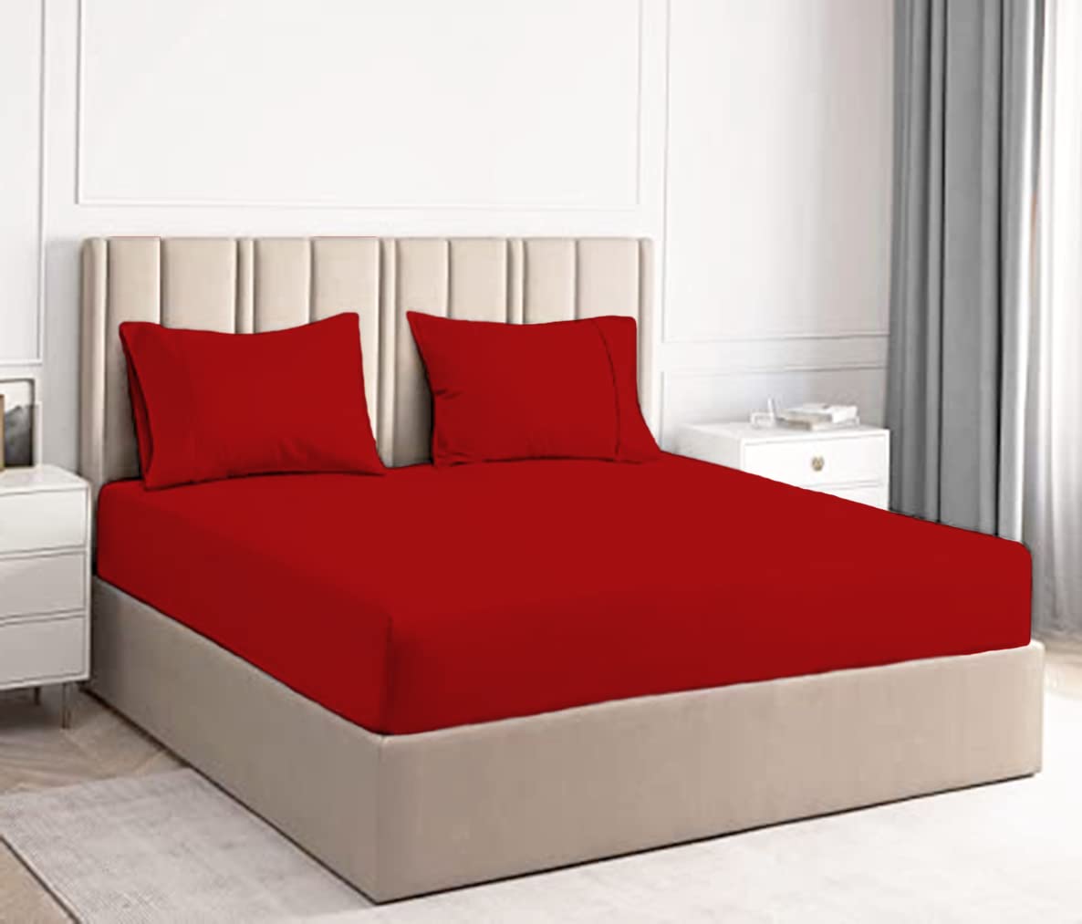 100% Egyptian Cotton 300 Thread Count Fitted Sheet Soft & Crisp Cotton Hotel Quality Bed Sheet (Red, Double)