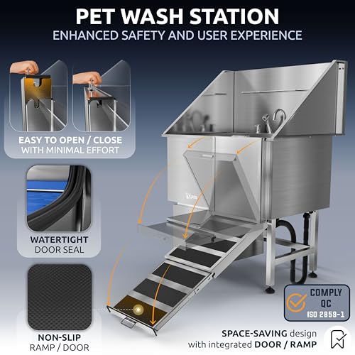 Image of KANIS Professional Dog Washing Station 304 Stainless Steel Pet Wash Sink & Grooming Bathtub w /Shower, Floor Grates and Storage for Large, Medium & Small Pets (Silver, 40 Inches, Right Ramp, 1 Drawer)