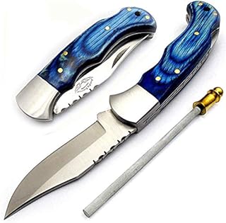 Best.Buy.Damascus1 Pocket Knife Blue Wood 420c Stainless Steel Folding Knife EDC hunting knife Pocket Knife for Men Gifts for Men - Best.Buy.Damascus1