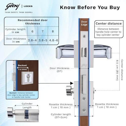 Image of Godrej Mortise Lock | Handle Lock Set for Main & Internal Doors | NEH 06 Home Decor Handle | Satin Steel Finish | 9 Inch Lockbody | 60mm 1CK Cylinder Knob from Inside Key Outside | 3 Keys