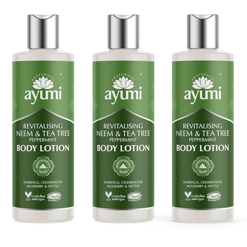 Ayumi Neem & Tea Tree Body Lotion | Oil Control Moisturiser for Oily Skin | Acne Cream with Witch Hazel | Nettle Leaf Hand Cream to Soothe Irritation | Body Moisturiser for Men & Women | 3 x 250ml