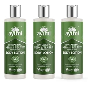 Ayumi Neem & Tea Tree Body Lotion | Oil Control Moisturiser for Oily Skin | Acne Cream with Witch Hazel | Nettle Leaf Hand Cream to Soothe Irritation | Body Moisturiser for Men & Women | 3 x 250ml