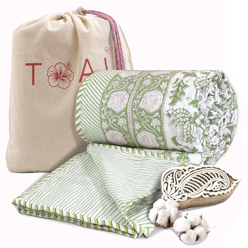 Image of TOAIArt Premium Jaipuri Dohar | AC Blanket Summer Quilt | Hand Block Printed | 3 Layers | Reversible | 150GSM 100% Mulmul Cotton | 100% Cotton Flannel Filling | King 108 inch X 90 inch |Green Kalamkari