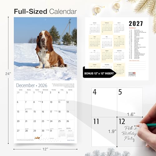 Image of RED EMBER Basset Hounds 2026 Wall Calendar 12 Month | 12 inch x 24 inch Open | Thick & Sturdy Paper | Holiday Gift | Cute Puppy Dog Calendar 2026