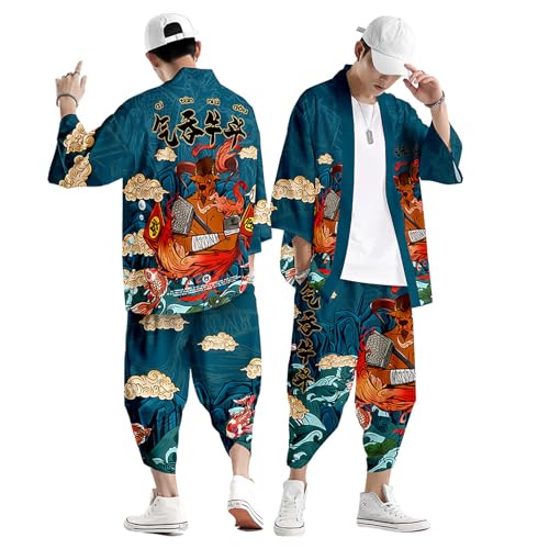 Image of DOSLAVIDA Men's Japanese Kimono Jacket Set Stylish Open Front Coat With Shorts Chinese Style Printed Cardigan Suit